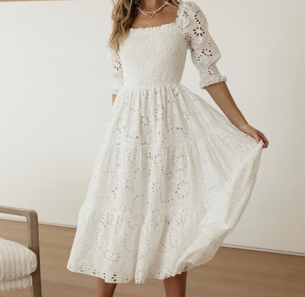 Baltic Born White Ella Eyelet Midi Dress Size Large NWT